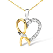 10K Yellow Gold Plated .925 Sterling Silver 1/5 Cttw Diamond Ribbon Heart Pendant Necklace (H-I Color, I2-I3 Clarity) - 18"