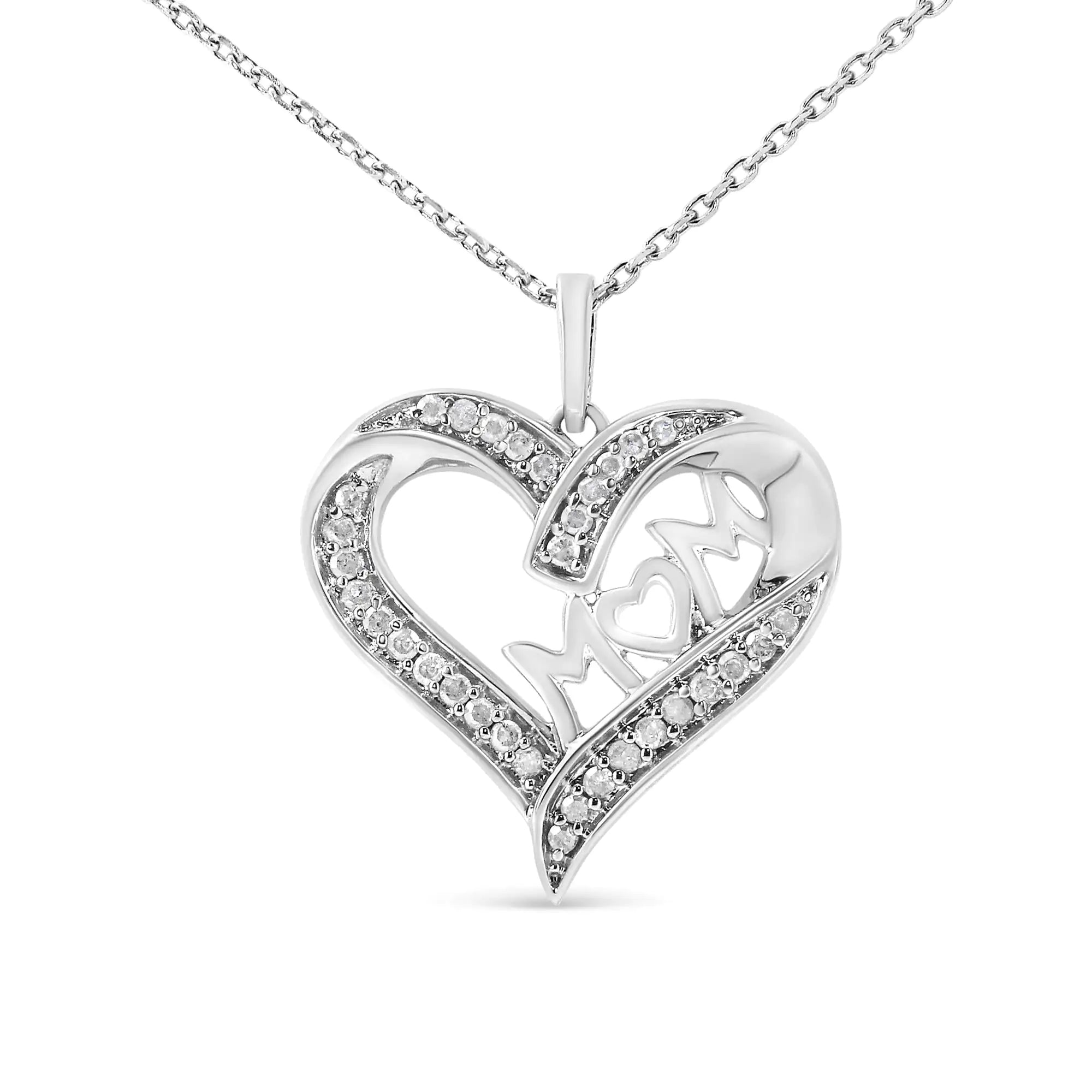 .925 Sterling Silver 1/4 cttw Diamond Engraved "Mom" in Heart Pendant Necklace (I-J Color, I3 Clarity)