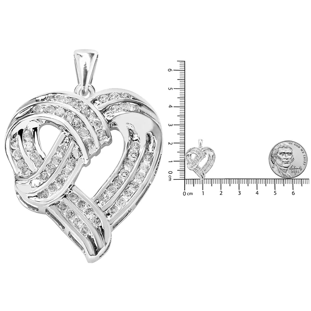 .925 Sterling Silver 1 1/4 Cttw Round Diamond Openwork Ribbon Weave Heart Pendant 18" Necklace (I-J Color, I3 Clarity)