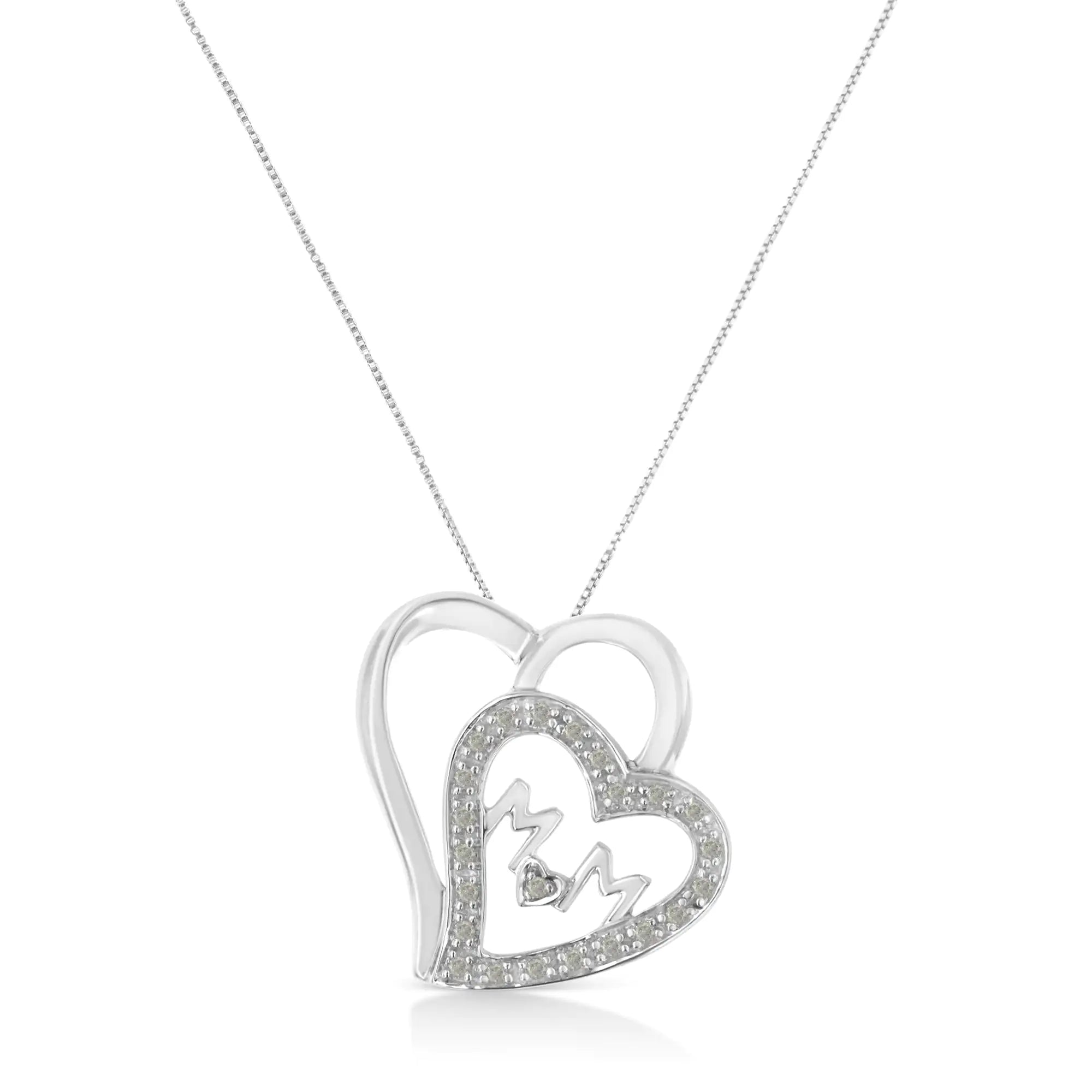 .925 Sterling Silver 1/10 Cttw Diamond Double Heart and Mom 18" Pendant Necklace (I-J Color, I3 Clarity)